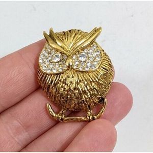 Vintage Gold Toned Rhinestone Owl Shaped Brooch